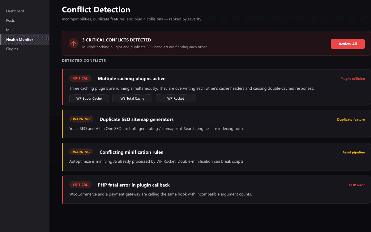 Conflict detection screen showing critical and warning level plugin collisions