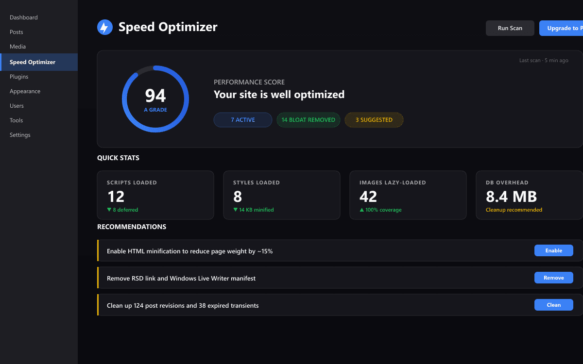 Speed Optimizer dashboard with performance score ring and quick stats