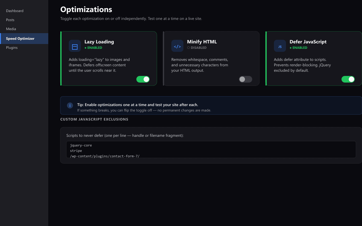 Optimization toggle cards for lazy loading, HTML minification, and JS deferral