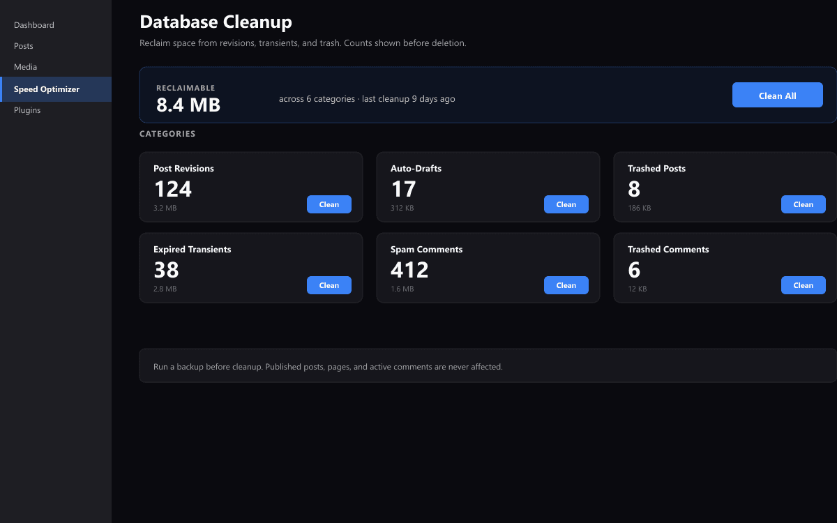 Database cleanup grid showing counts of revisions, transients, and trashed comments