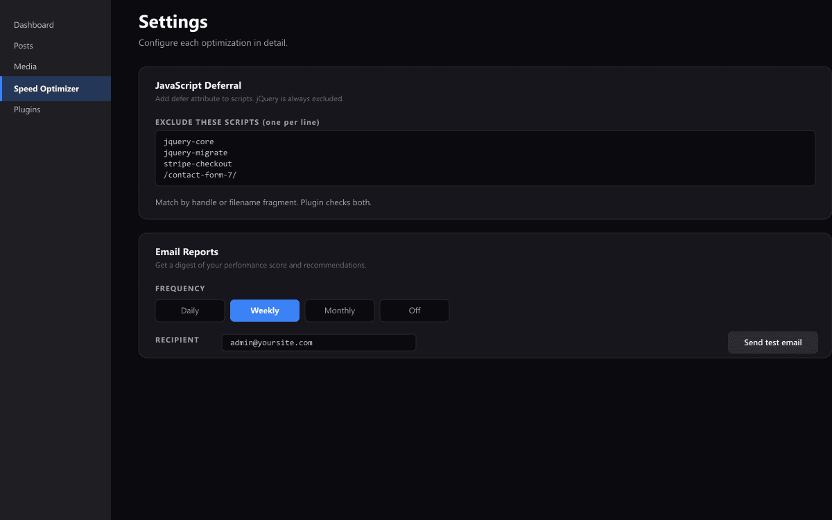Settings page with custom JS exclusions and email report frequency