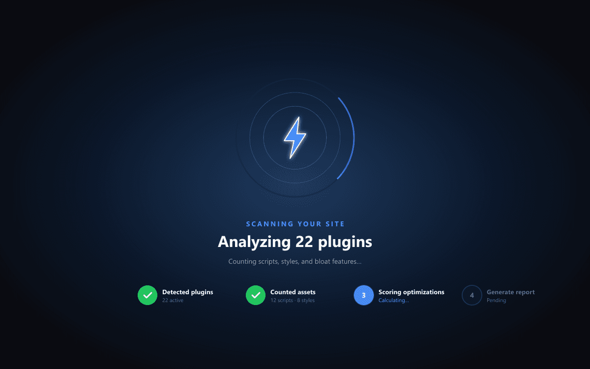First-run animated scanning experience analyzing the WordPress site