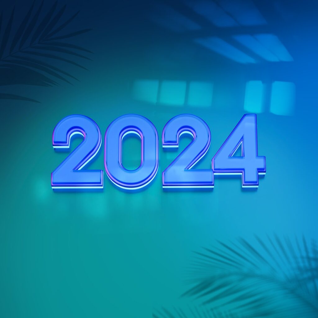 a blue and green new year wallpaper with a palm tree